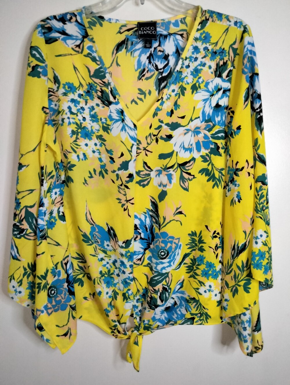 Coco Bianco (Sz L) Yellow & Blue Floral V-Neck Kimono-Bat Sleeves Tie-Hem Blouse